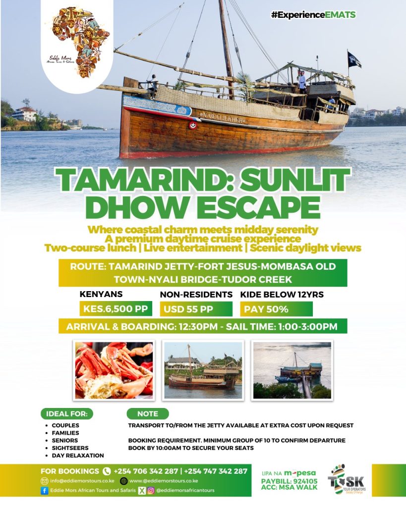 Marketing poster for Tamarind Dhow Under The Stars evening cruise in Mombasa featuring illuminated dhow at night, fine dining experience with four-course dinner, sail schedule from 6:30pm to 10:00pm, pricing for Kenyans and non-residents, highlights for honeymooners and celebrations, and contact numbers for booking with Eddie Mors African Tours & Safaris.